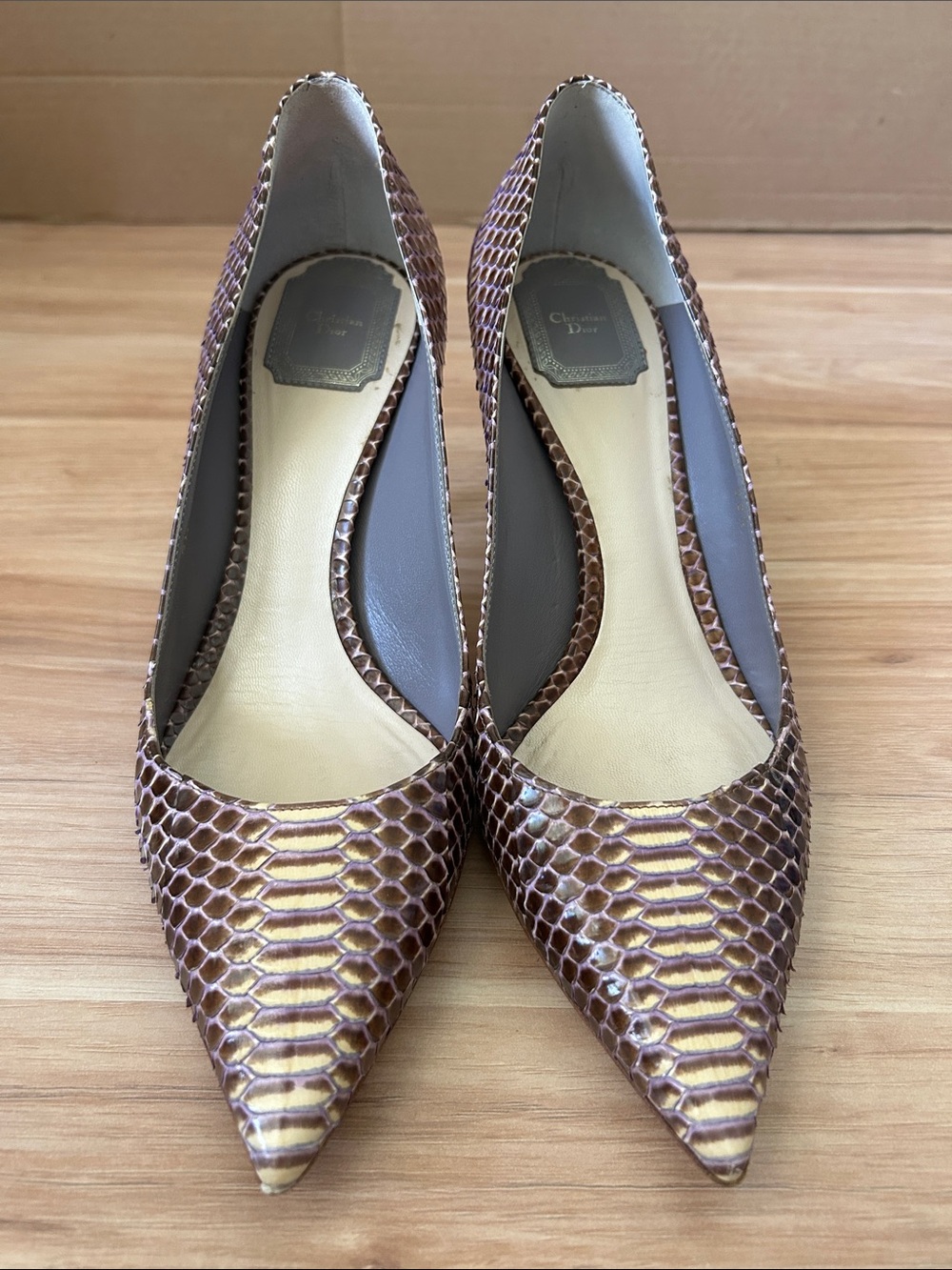 Christian Dior Brown Snake-Embossed Pointed Toe Heels
